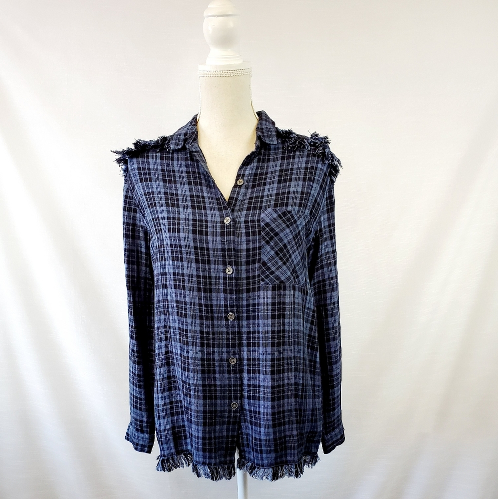 Johnny Cotton Blue and Black Fringe Flannel Top